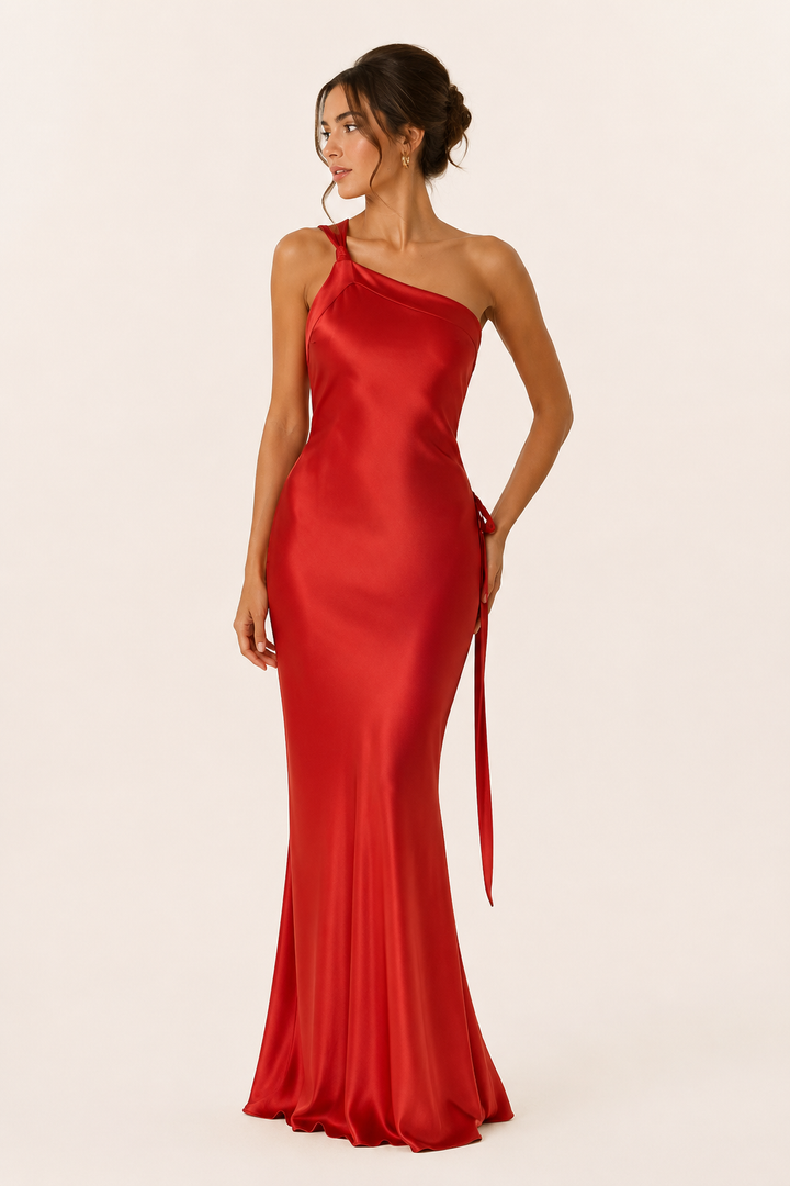 Levendige gele asymmetrische one-shoulder maxi jurk, een elegante keuze voor elke feestelijke gelegenheid.