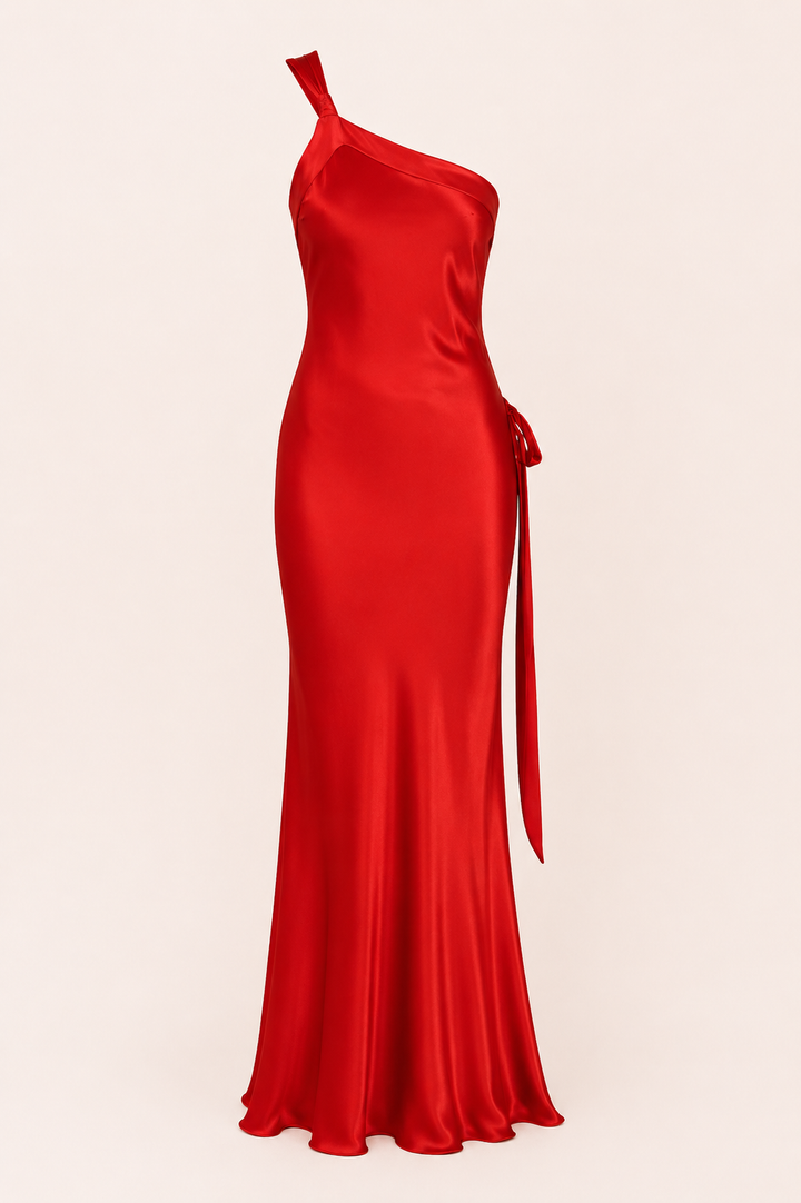 Marineblauwe one-shoulder maxi jurk, perfect als trouwjurk gast of elegante avondjurk.