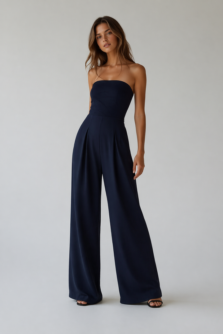 Comfortabele en stijlvolle wijde strapless jumpsuit voor dames, perfect voor een elegante en relaxte uitstraling.