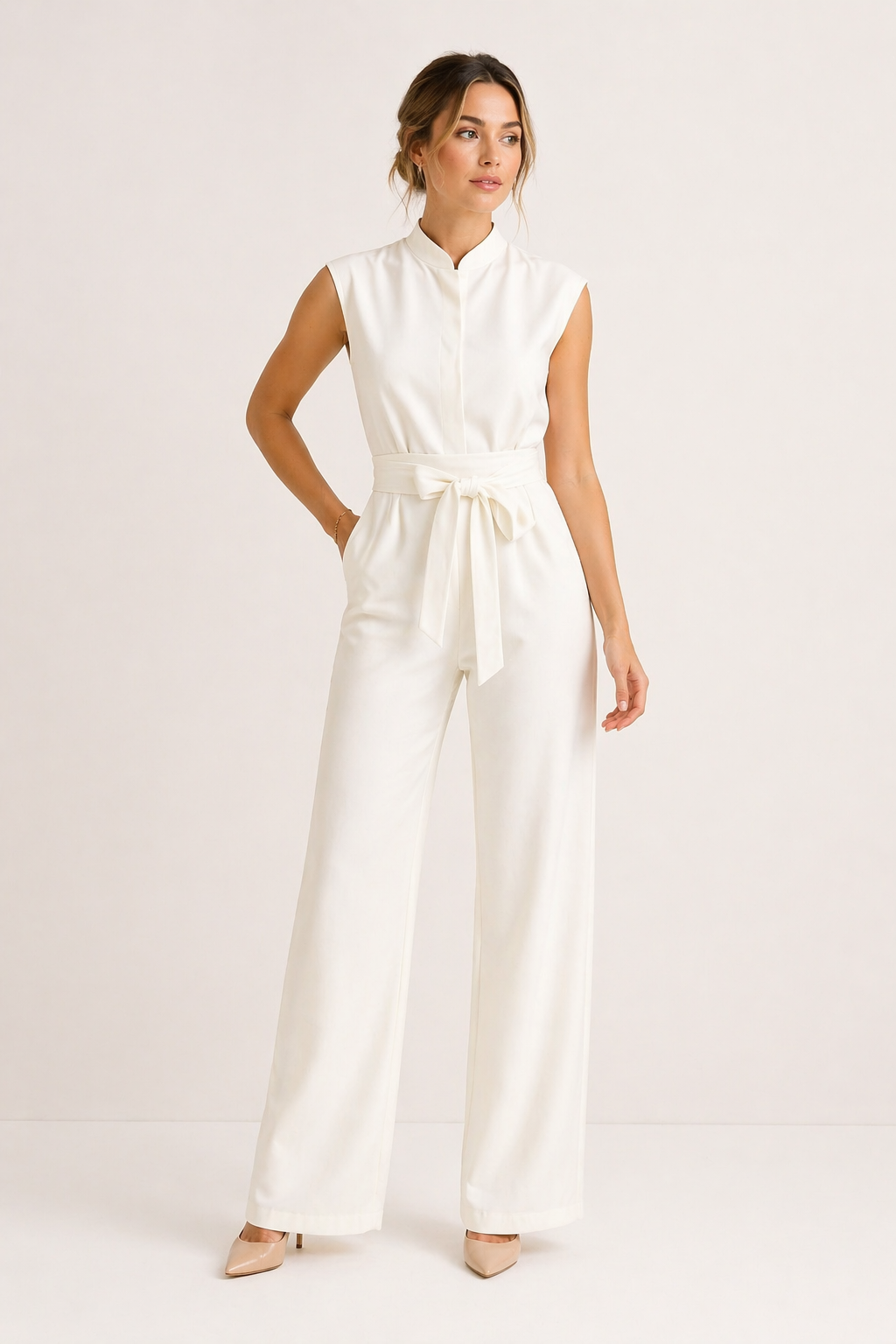 Witte elegante dames jumpsuit met wijde pijpen, mouwloos design en stijlvolle riem; veelzijdig voor elke gelegenheid.