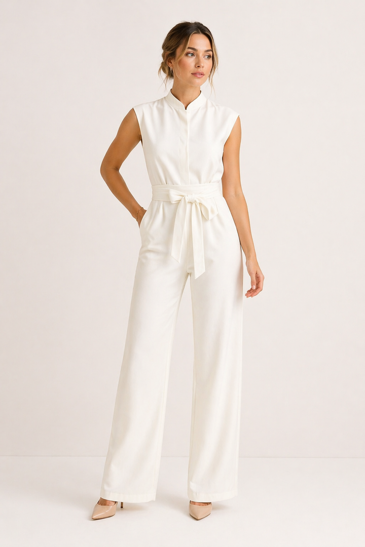 Witte elegante dames jumpsuit met wijde pijpen, mouwloos design en stijlvolle riem; veelzijdig voor elke gelegenheid.