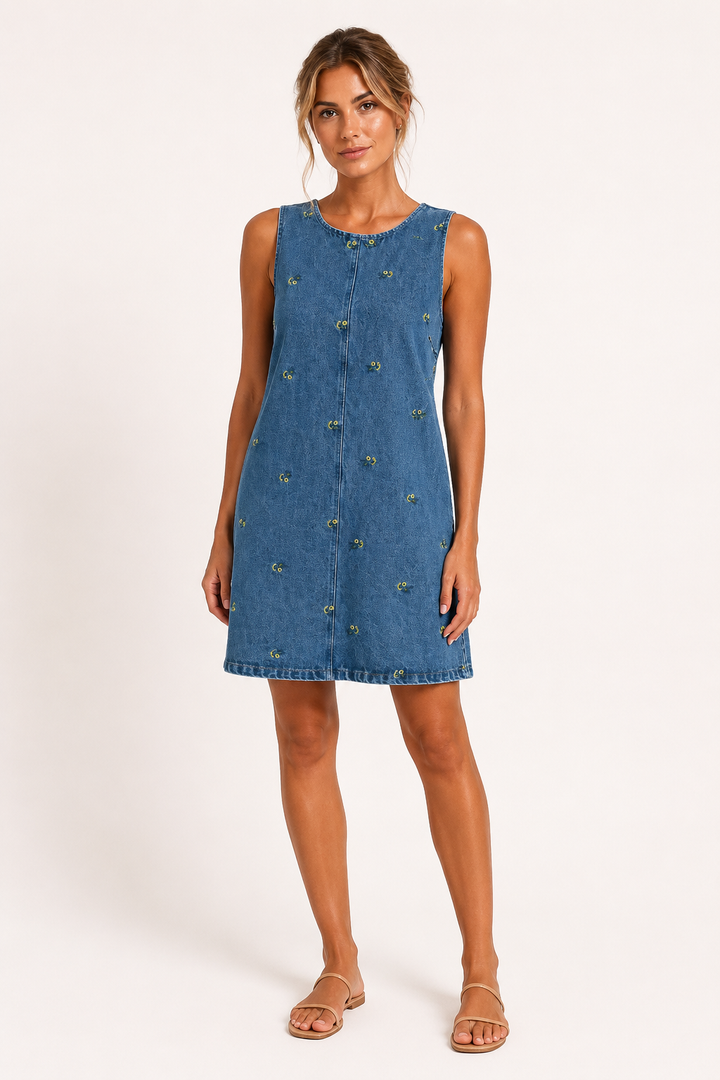 Blauwe dames mouwloze casual jurk, kort en comfortabel. Perfecte zomerjurk met relaxte pasvorm.