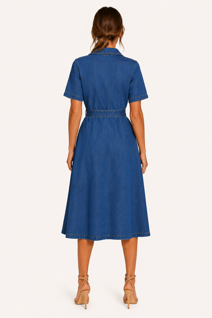Stijlvolle dames midi-jurk in blauw met V-hals, knoopsluiting en taille-riem, ideaal voor casual zomerlooks.