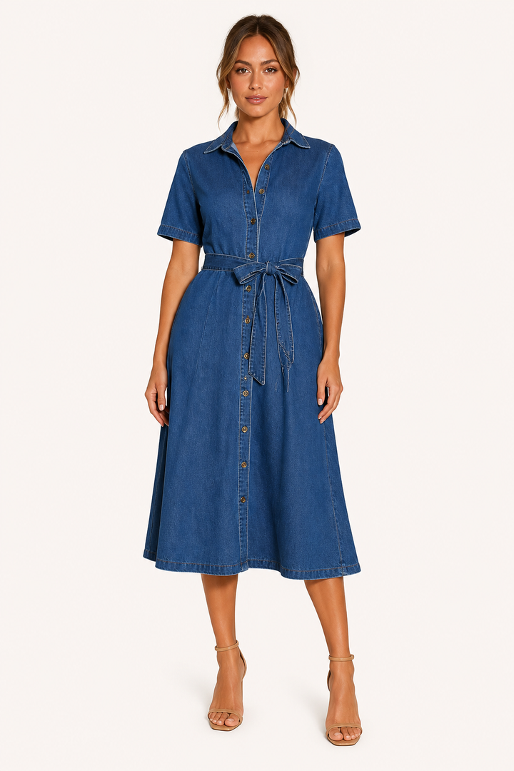 Elegante blauwe midi-jurk voor dames met stijlvol knoopdetail en flatterende riem. Perfecte zomerjurk.