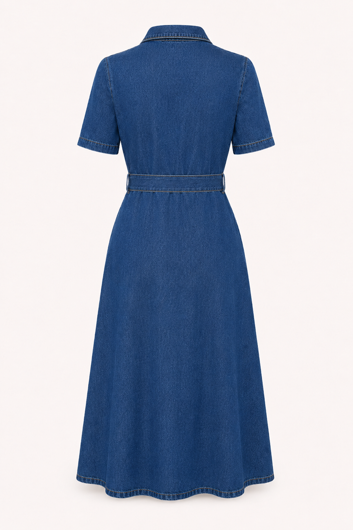 Vrouwelijke midi-jurk in helderblauw, gedragen door model, met elegante knoopdetails en ceintuur voor een mooie pasvorm.