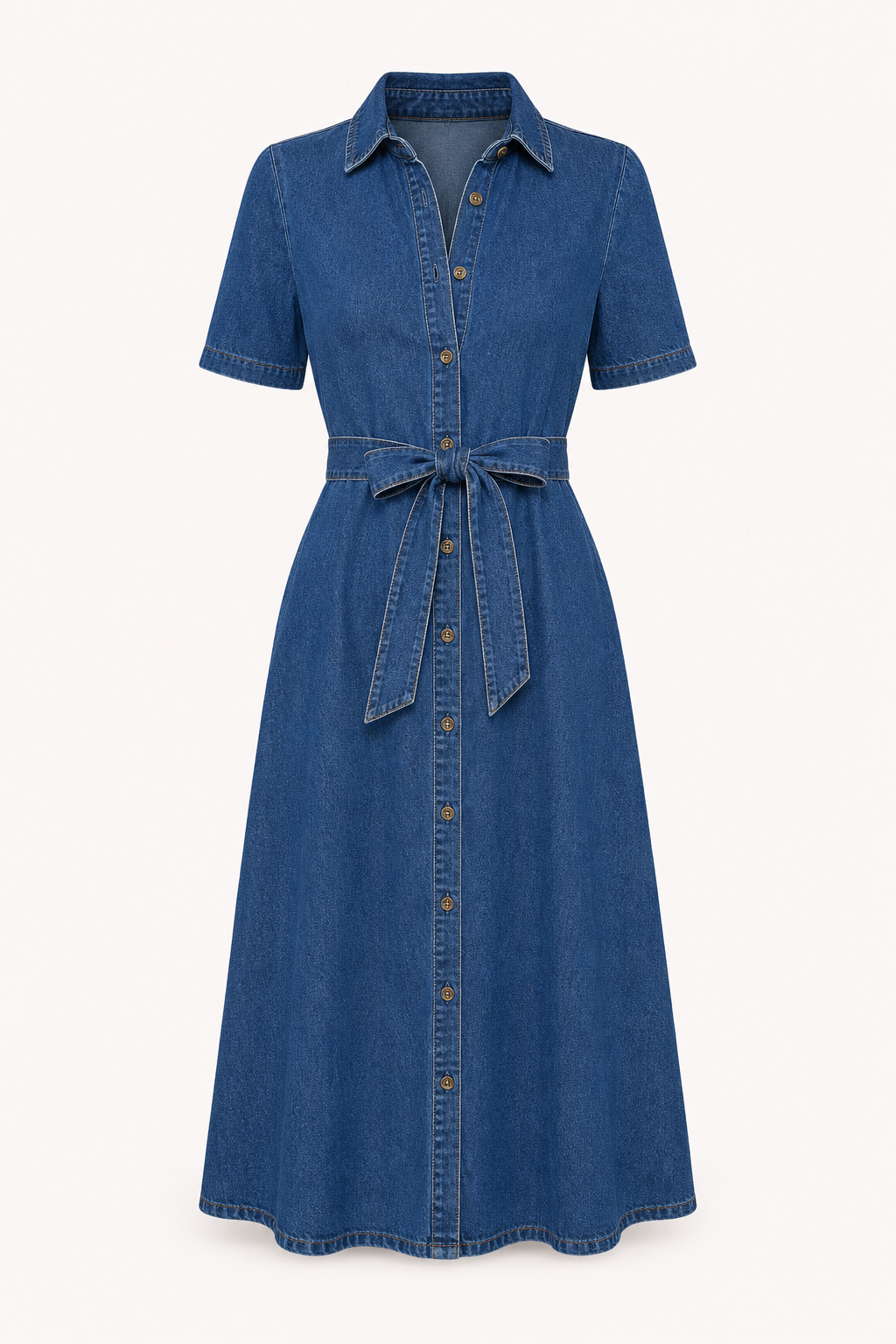 Dames elegante blauwe jurk, detail van de knoopsluiting en taille-riem. Stijlvolle midi-jurk met V-hals.