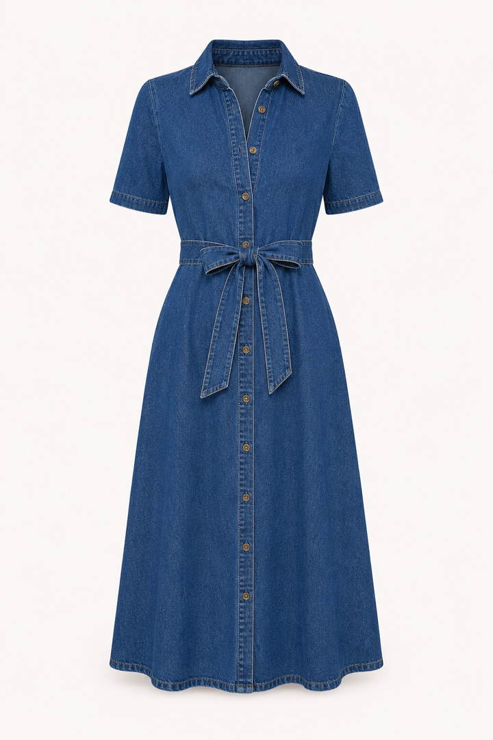 Dames elegante blauwe jurk, detail van de knoopsluiting en taille-riem. Stijlvolle midi-jurk met V-hals.
