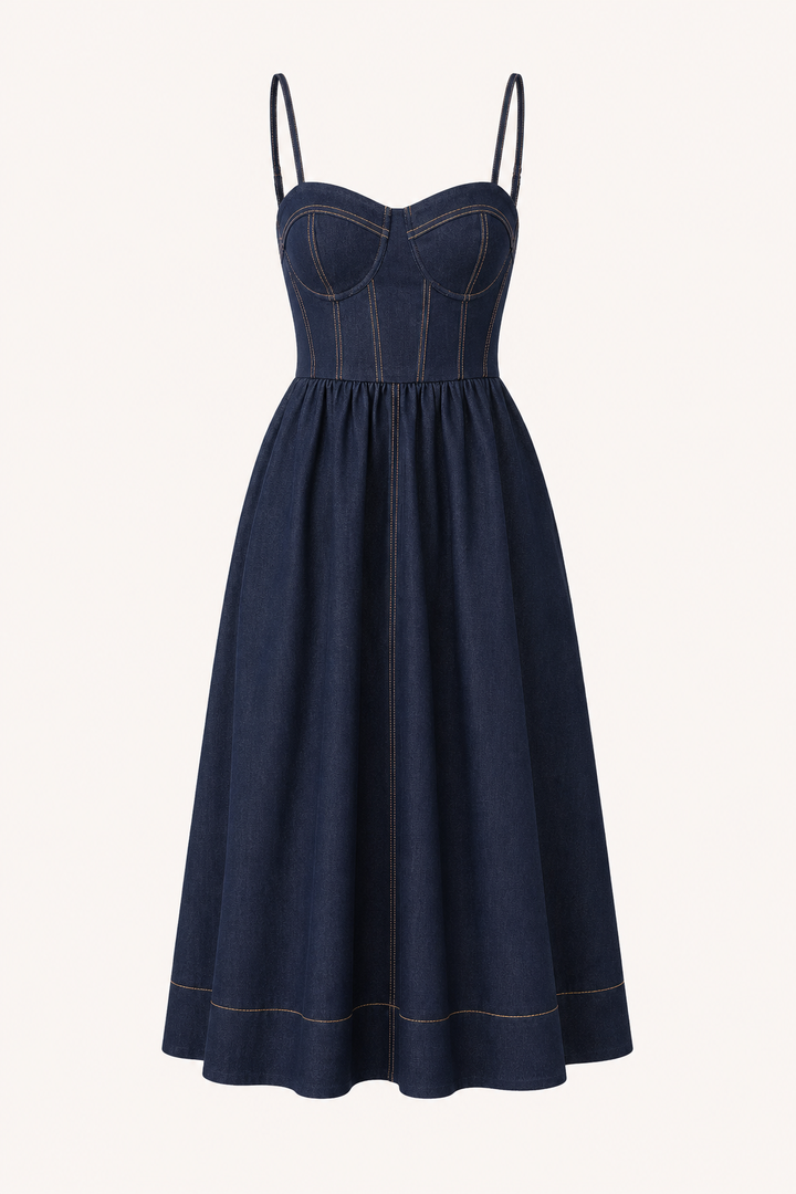 Stijlvolle dames midi jurk in marineblauw, met flatterende sweetheart halslijn voor een casual of feestlook.