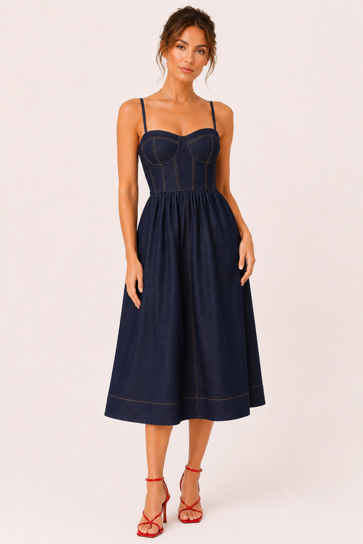 Marineblauwe dames midi jurk met elegante sweetheart halslijn, perfect voor zomer of feestelijke gelegenheden.