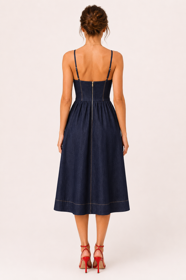 Elegante marineblauwe midi jurk voor dames, met sweetheart halslijn, ideaal als feest- of zomerjurk.