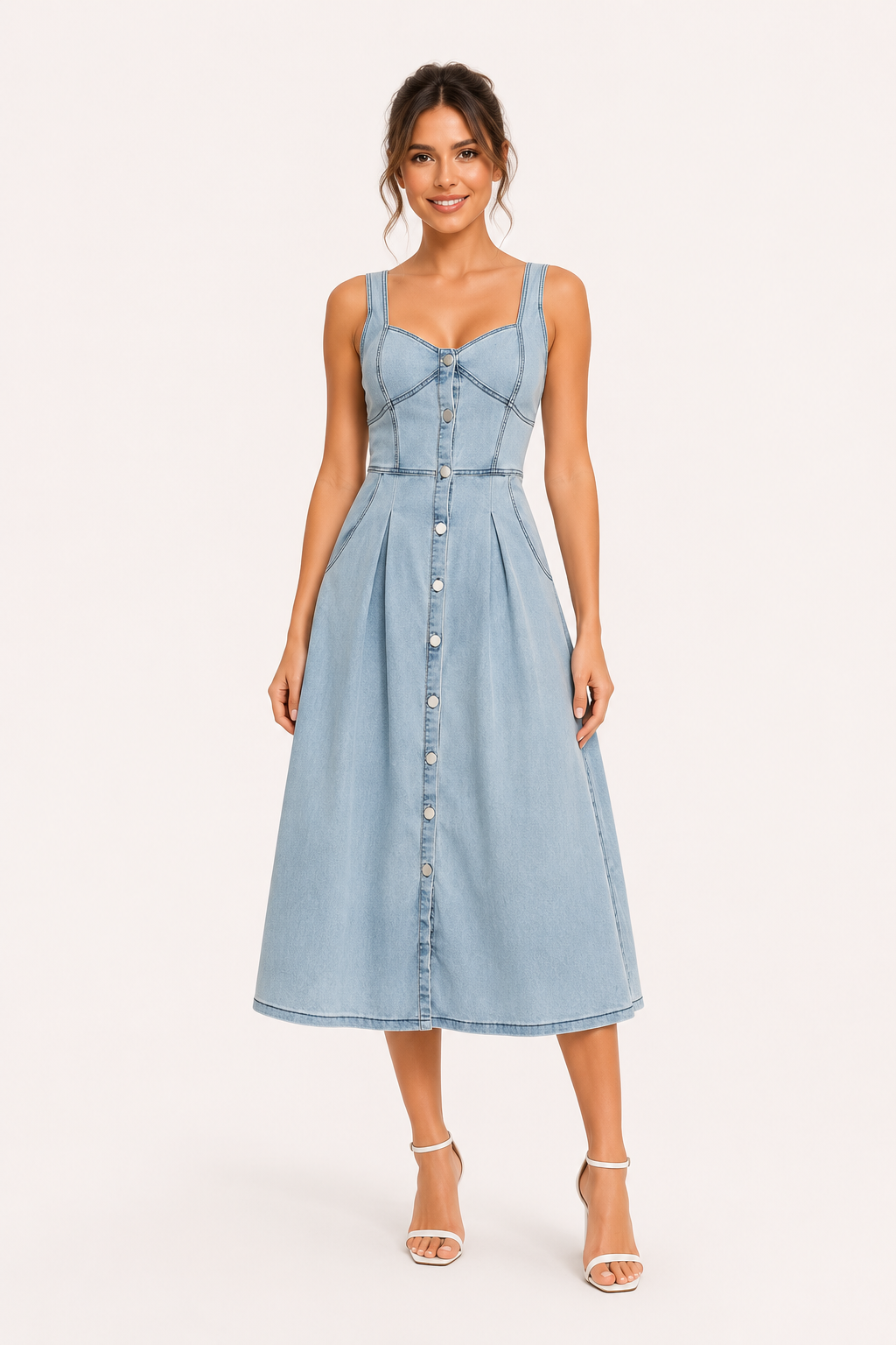 Elegante dames midi-jurk met brede bandjes, perfect voor zomerse dagen. Flatterend en veelzijdig.