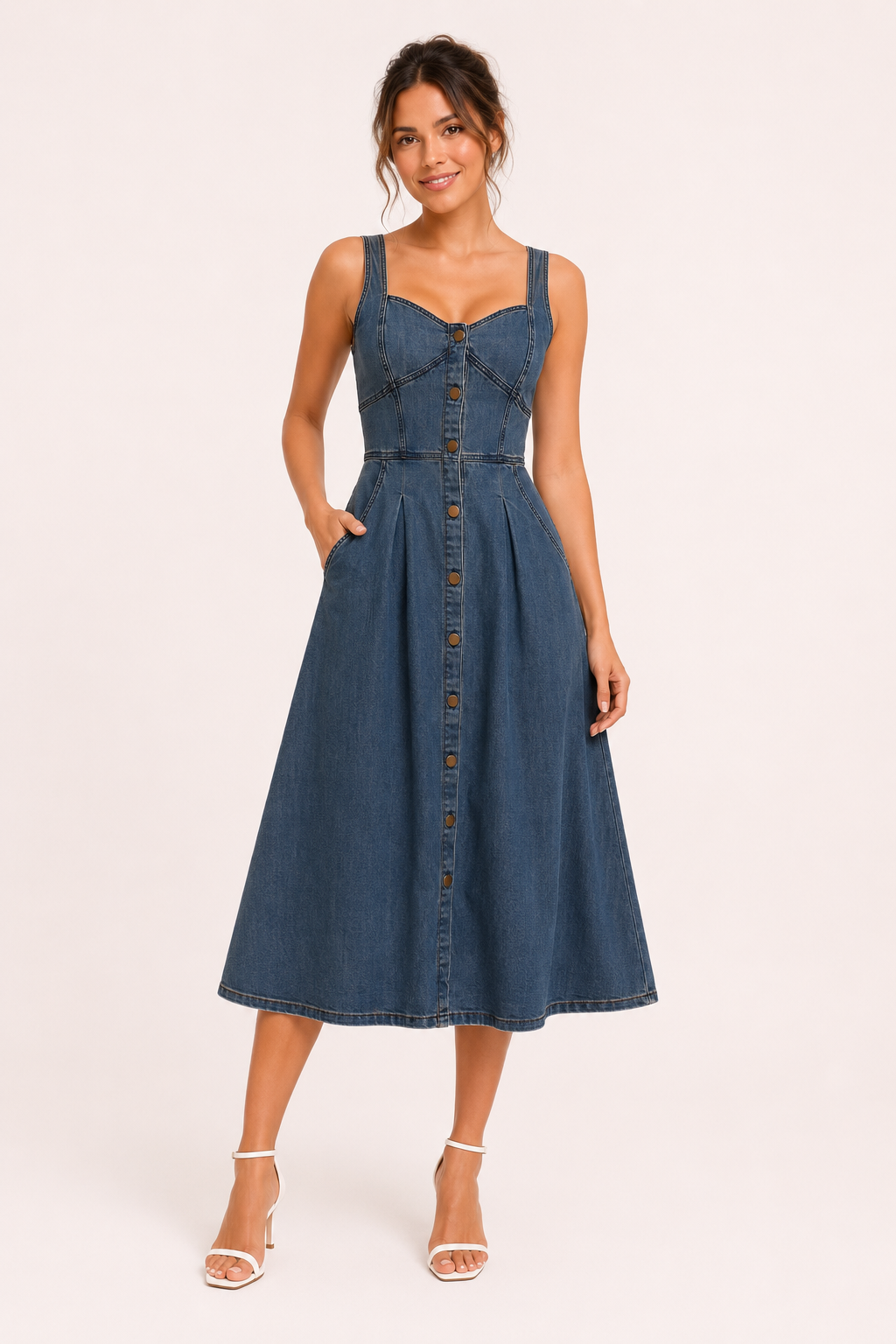 Modieuze dames midi-jurk met brede bandjes en knoopsluiting, een flatterende zomerjurk.