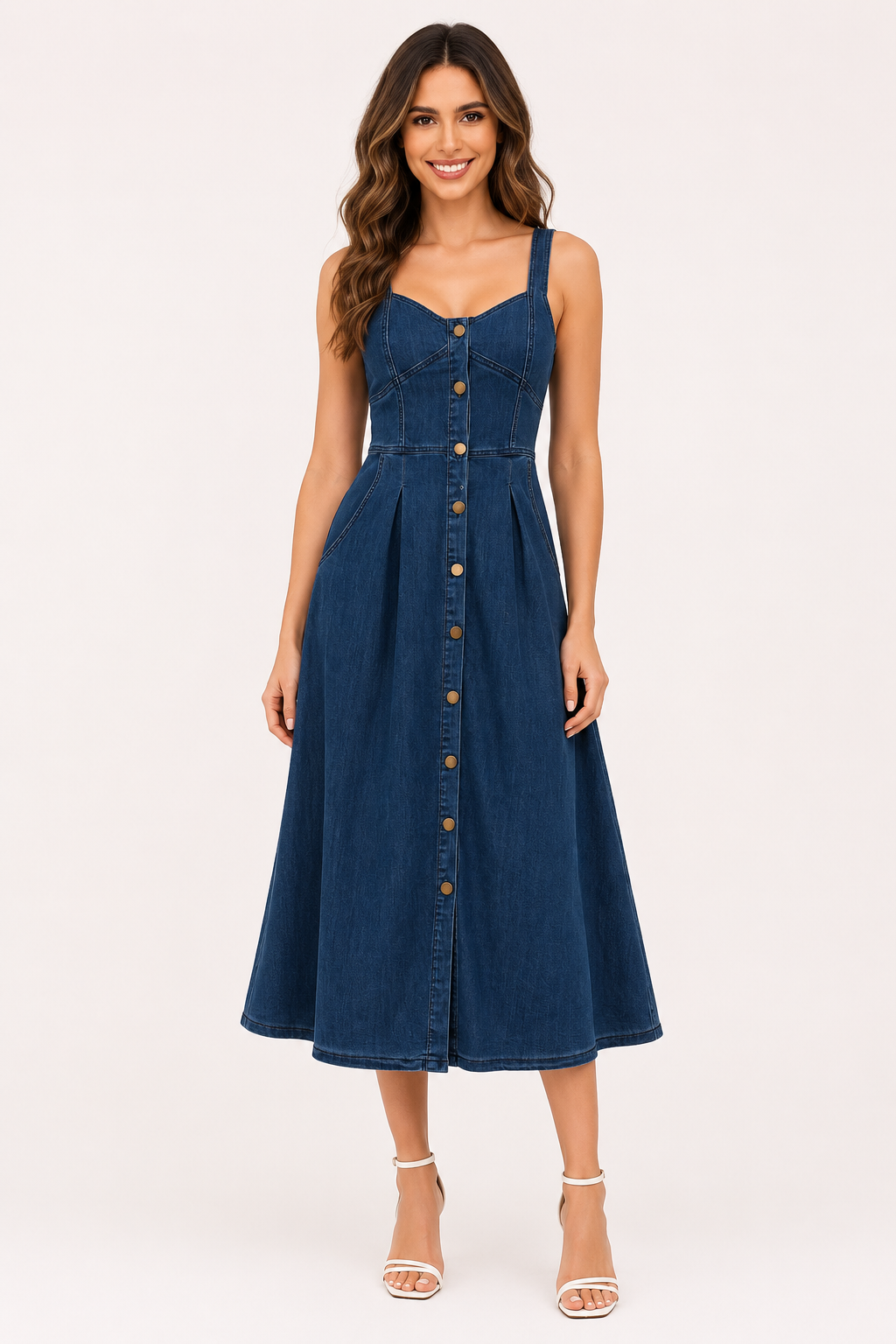 Perfecte dagjurk: flatterende dames midi-jurk met brede bandjes, ideaal voor zomerse activiteiten.
