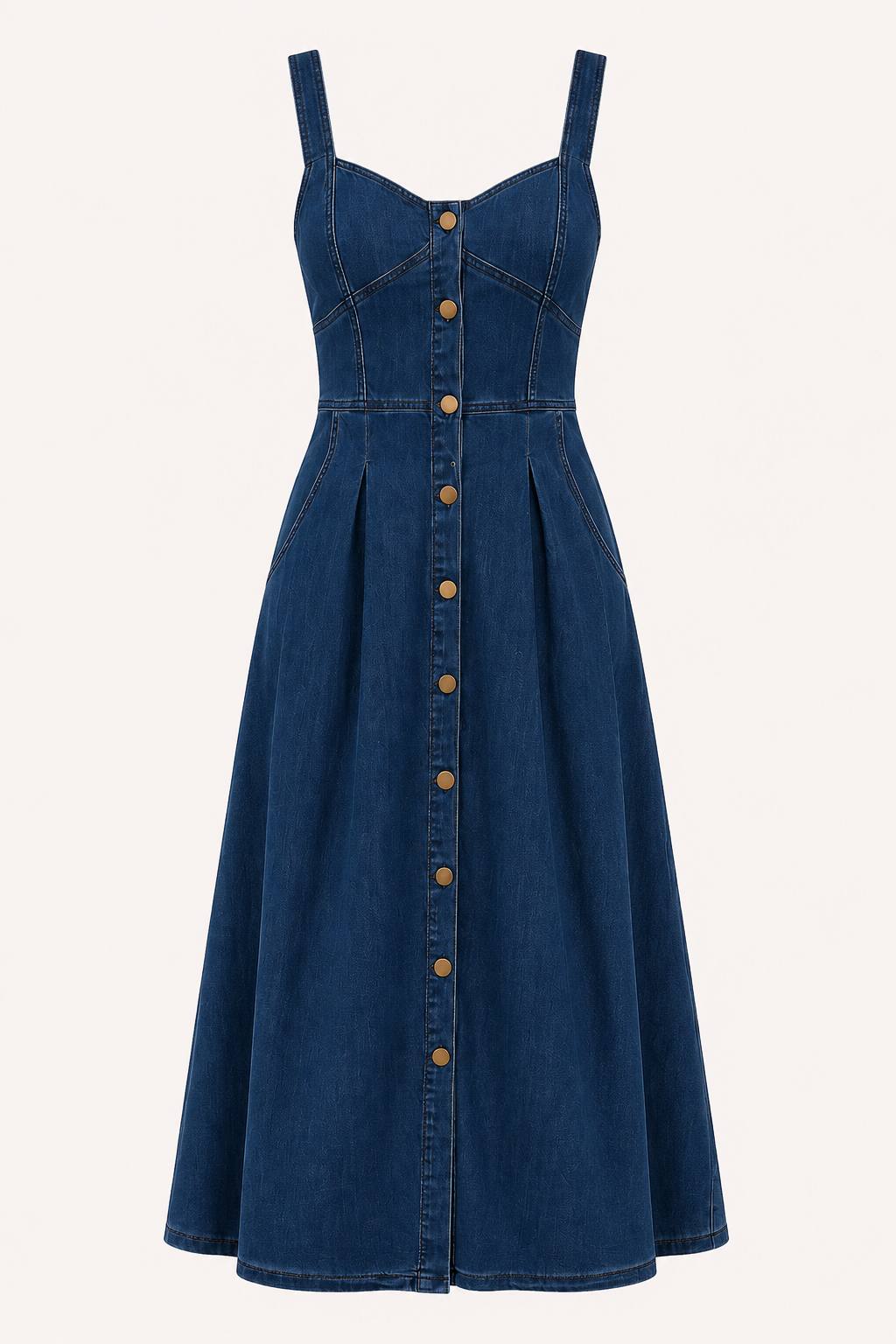 Elegante dames zomerjurk, een veelzijdige midi-jurk met brede bandjes en knoopsluiting.