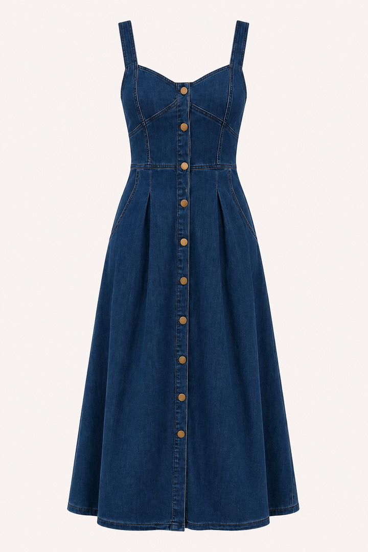 Elegante dames zomerjurk, een veelzijdige midi-jurk met brede bandjes en knoopsluiting.