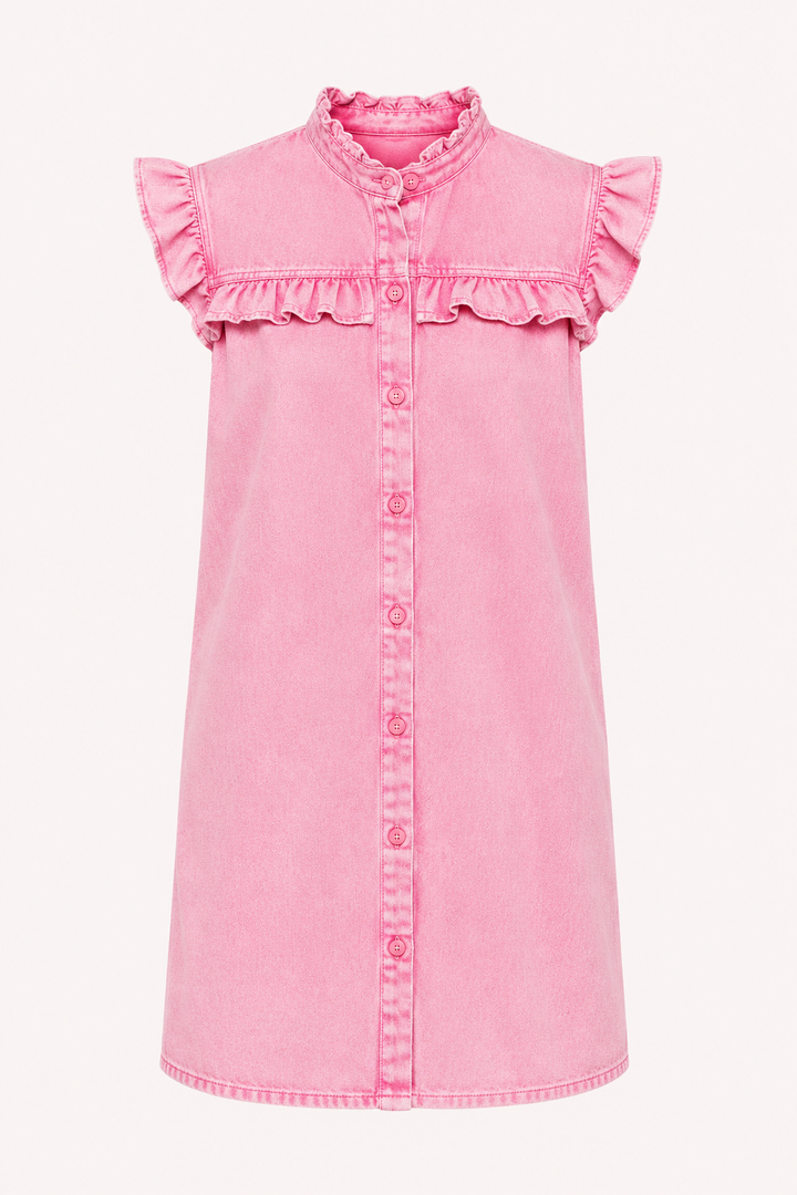 Witte korte casual dames jurk met ruches en knoopsluiting, perfect voor de zomer.