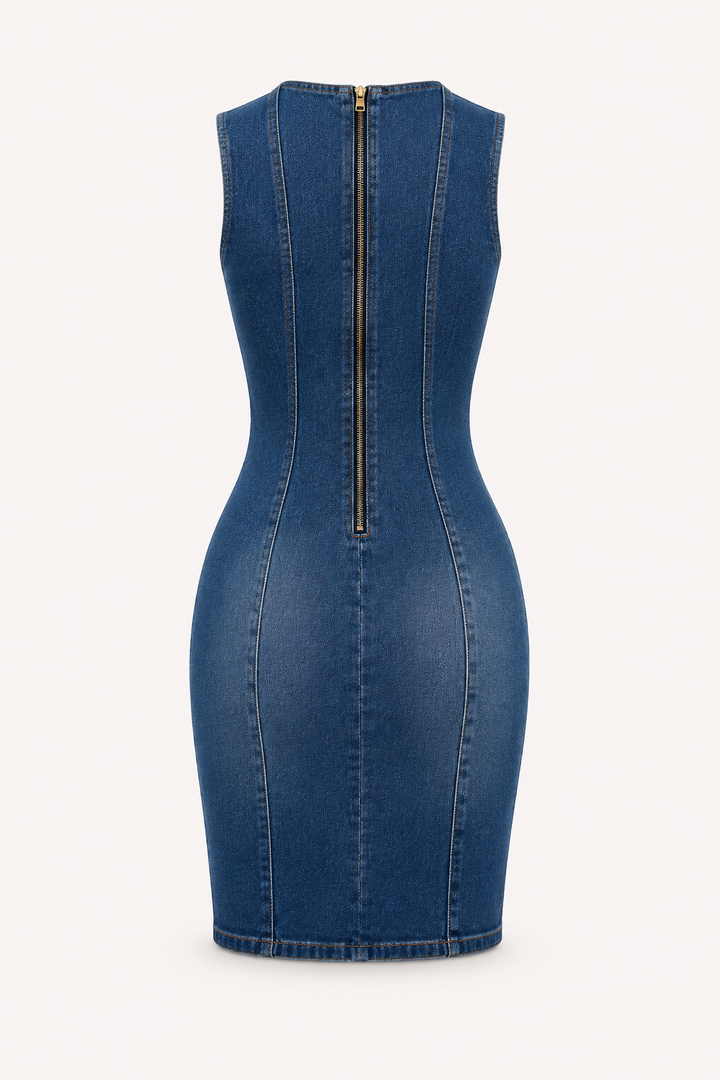Trendy korte feestjurk voor dames, blauw met metallic glans. Getailleerd model, mouwloos, perfect voor zomeravonden.