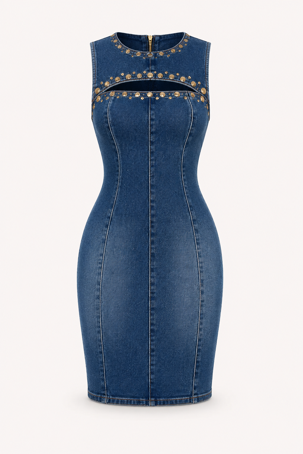Stijlvolle blauwe avondjurk voor dames, kort model met subtiele metallic accenten. Perfect voor een feestje.