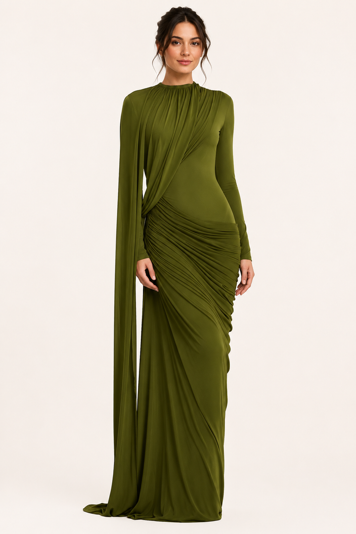 Elegante dames feestjurk met lange mouwen, perfect voor gala of bruiloftsgast.