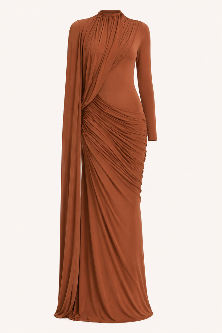 Lange avondjurk met lange mouwen voor dames, ideaal als bruiloftsgast. Elegante pasvorm voor speciale momenten.
