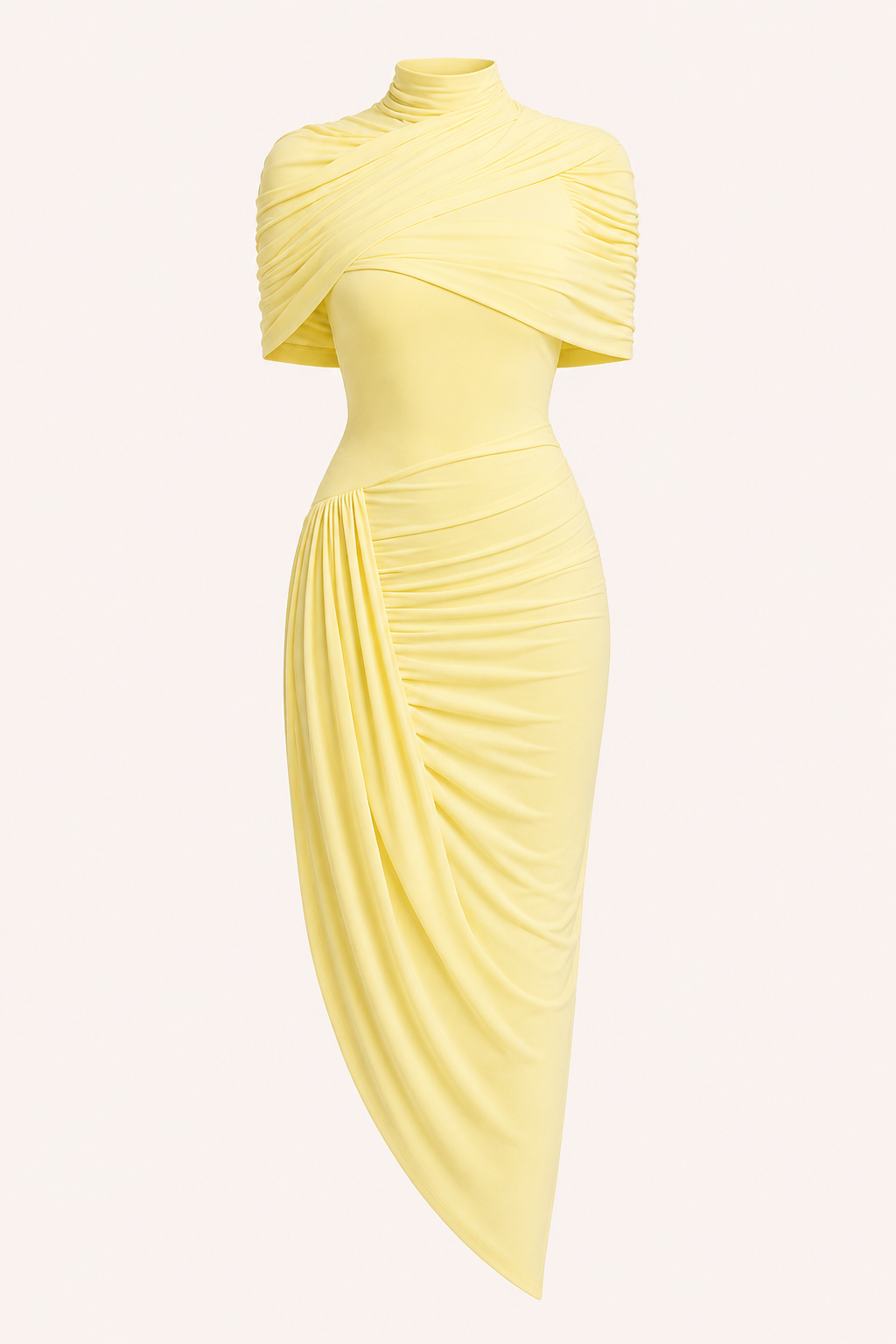 Moderne dames feestjurk, elegante midi-lengte met coltrui, beschikbaar in rood, wit en geel.