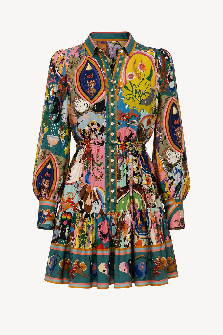 Elegante casual korte jurk voor dames. Met lange mouwen, unieke print en verstelbare riem voor een perfecte pasvorm.
