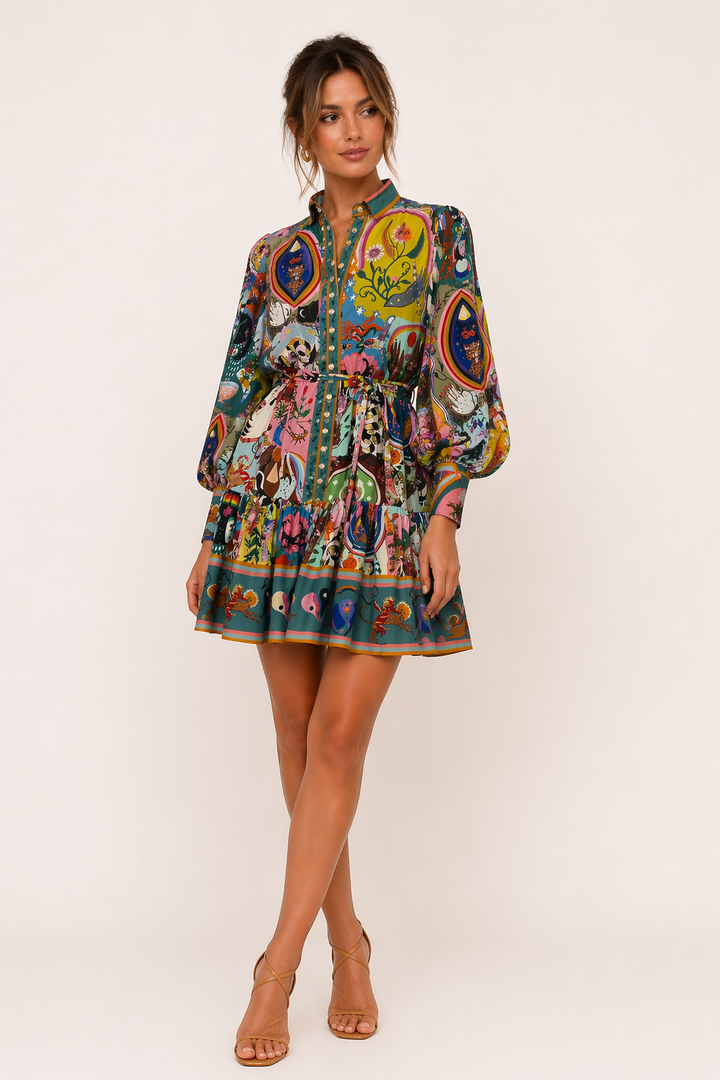 Dames korte bedrukte jurk met lange mouwen en verstelbare riem. Ideaal als casual of elegante zomerjurk.
