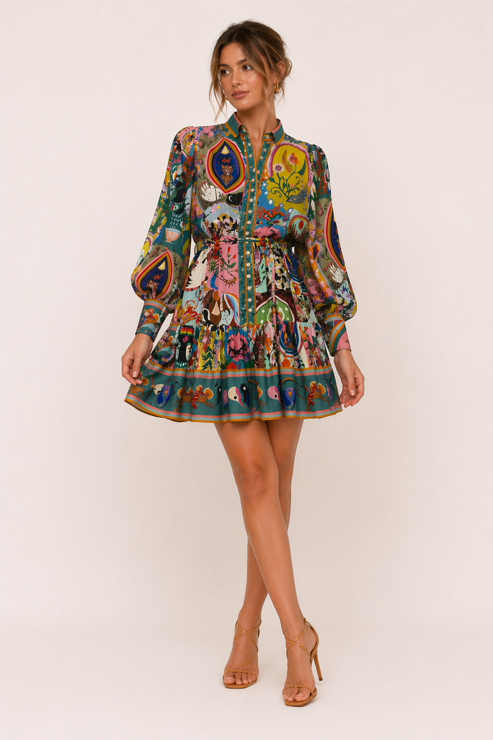 Comfortabele korte damesjurk met lange mouwen, levendige print en verstelbare riem. Geschikt voor zomer en casual.
