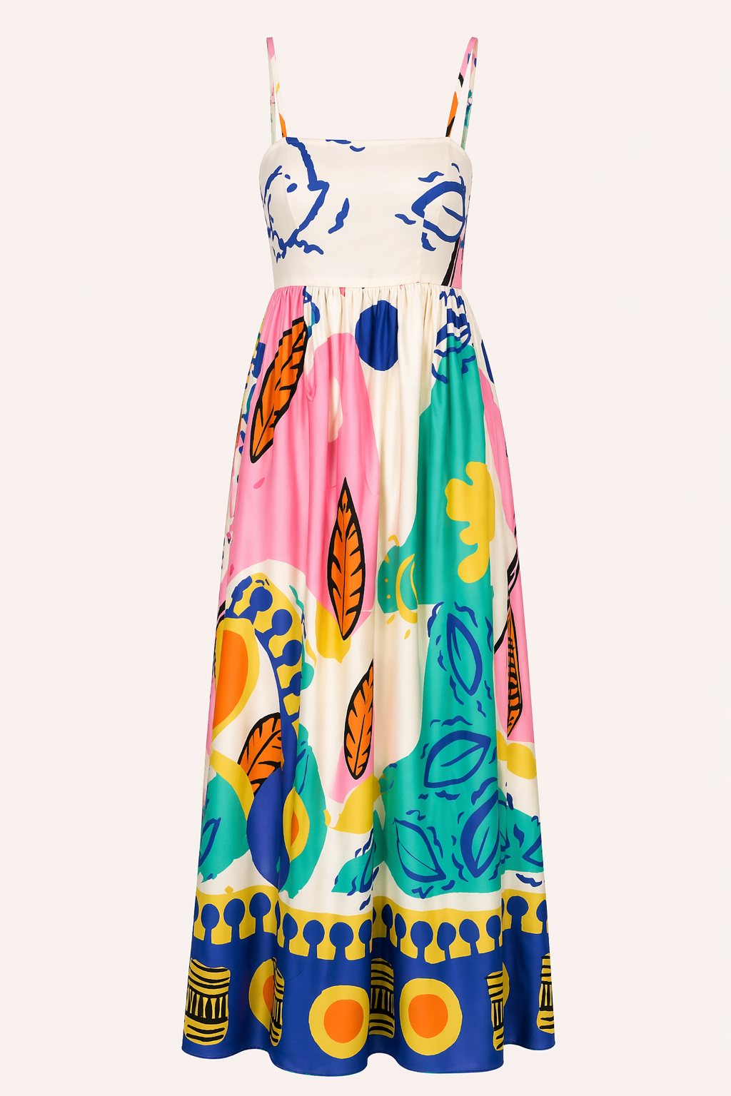 Comfortabele damesjurk met grafische print en hoge split, een trendy witte maxi jurk voor de zomer.