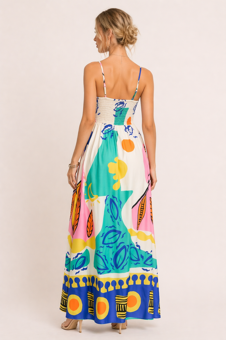 Elegante lange zomerjurk voor dames, met unieke grafische print en modieuze split, perfect voor vakantie.