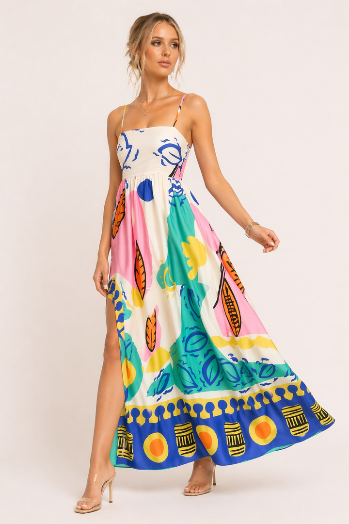 Witte bedrukte dames maxi jurk met grafische print en split, comfortabel en ideaal als strandjurk.
