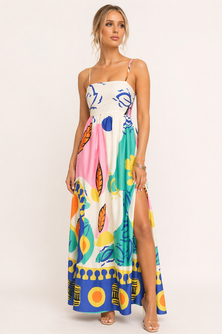 Lange dames zomerjurk met grafische print en split, een elegante witte maxi jurk voor strand of vakantie.