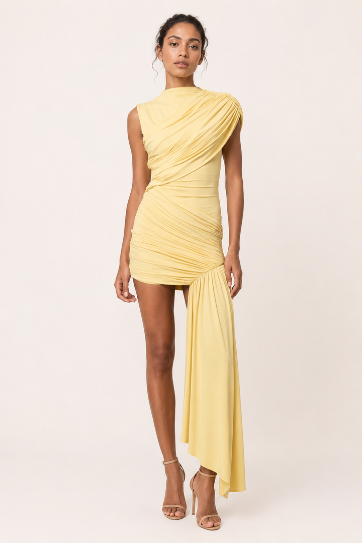 Gedrapeerde korte damesjurk, elegant en modieus, met een flatterende pasvorm voor feesten.