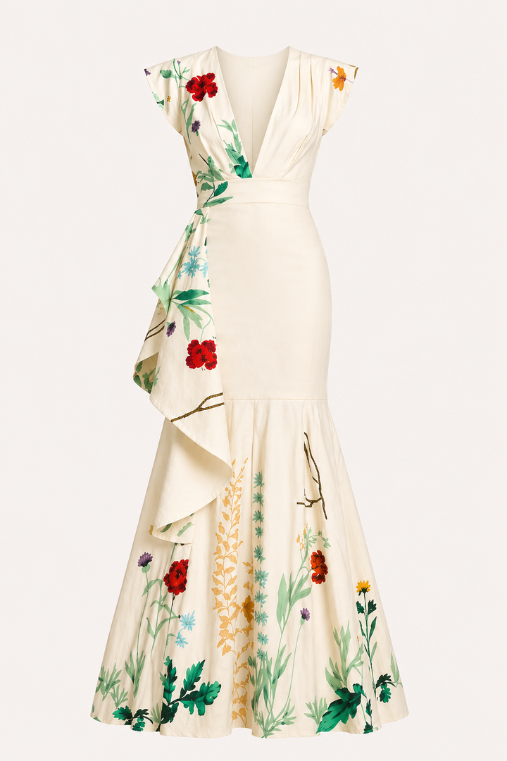 Beige dames bloemenjurk, lang model met elegante V-hals, ideaal als feest- of bruiloftsjurk.
