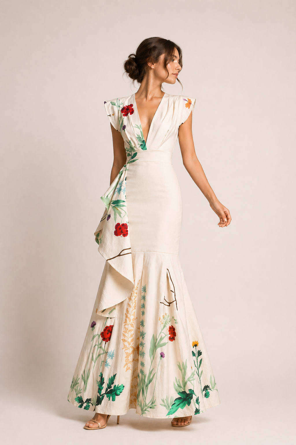 Stijlvolle lange V-hals bloemenjurk voor dames in beige, geschikt voor elke gelegenheid.