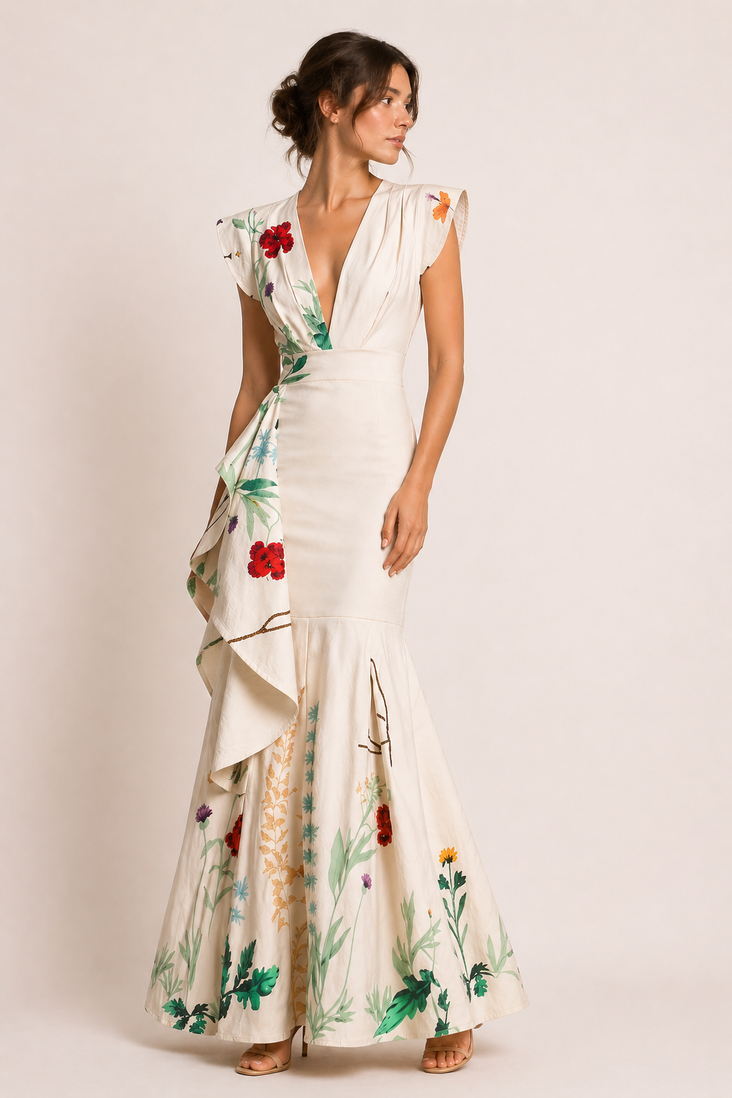 Elegante lange beige dames bloemenjurk met V-hals, perfect voor feestjes of bruiloften.