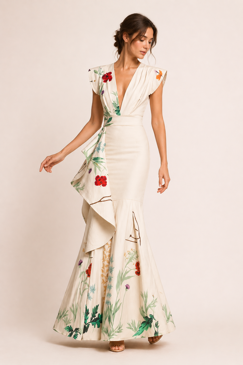 Comfortabele beige bloemen lange damesjurk met V-hals, ideaal als casual zomerjurk.