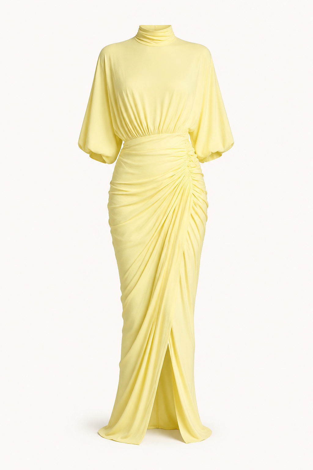 Stijlvolle lange jurk met hoge hals en ruches, een elegante damesjurk voor chique feestjes.
