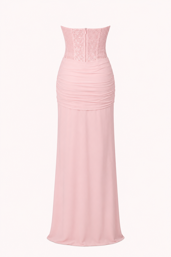 Stijlvolle roze lange feestjurk voor dames met chique korsetdetail, uitermate geschikt als galajurk.