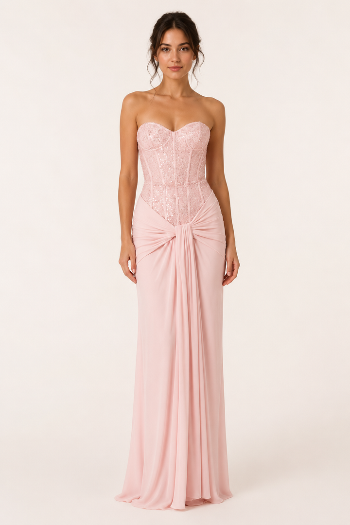 Elegante roze lange damesjurk met korsetstijl, ideaal als feest- of galajurk voor speciale gelegenheden.
