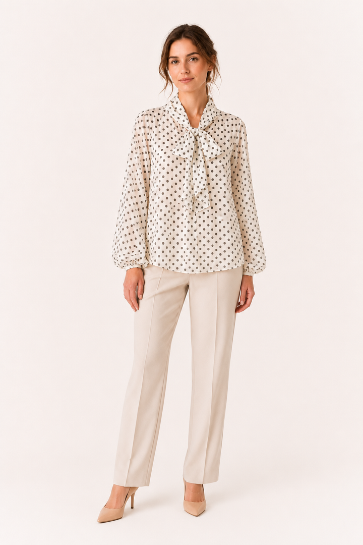 Stijlvolle damesblouse met beige/bruine stippenprint, verfijnd strikdetail bij de hals en modieuze pofmouwen.