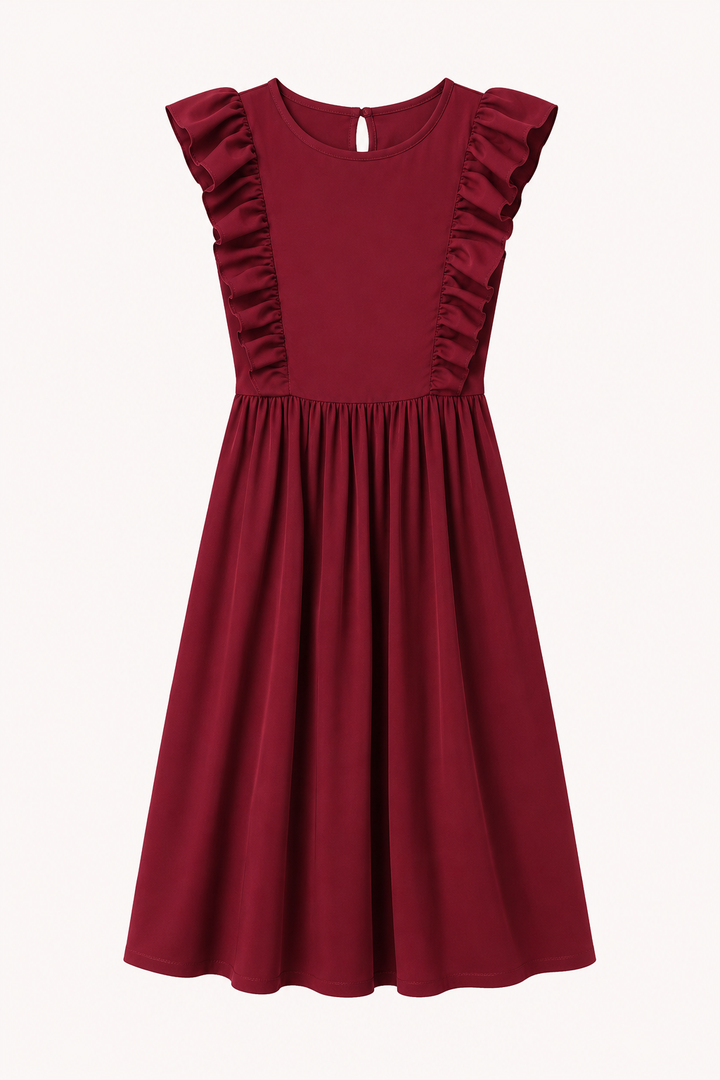 Damesjurk: elegante lange jurk met ruches, wijde rok en ronde hals, perfect voor zomerse dagen.