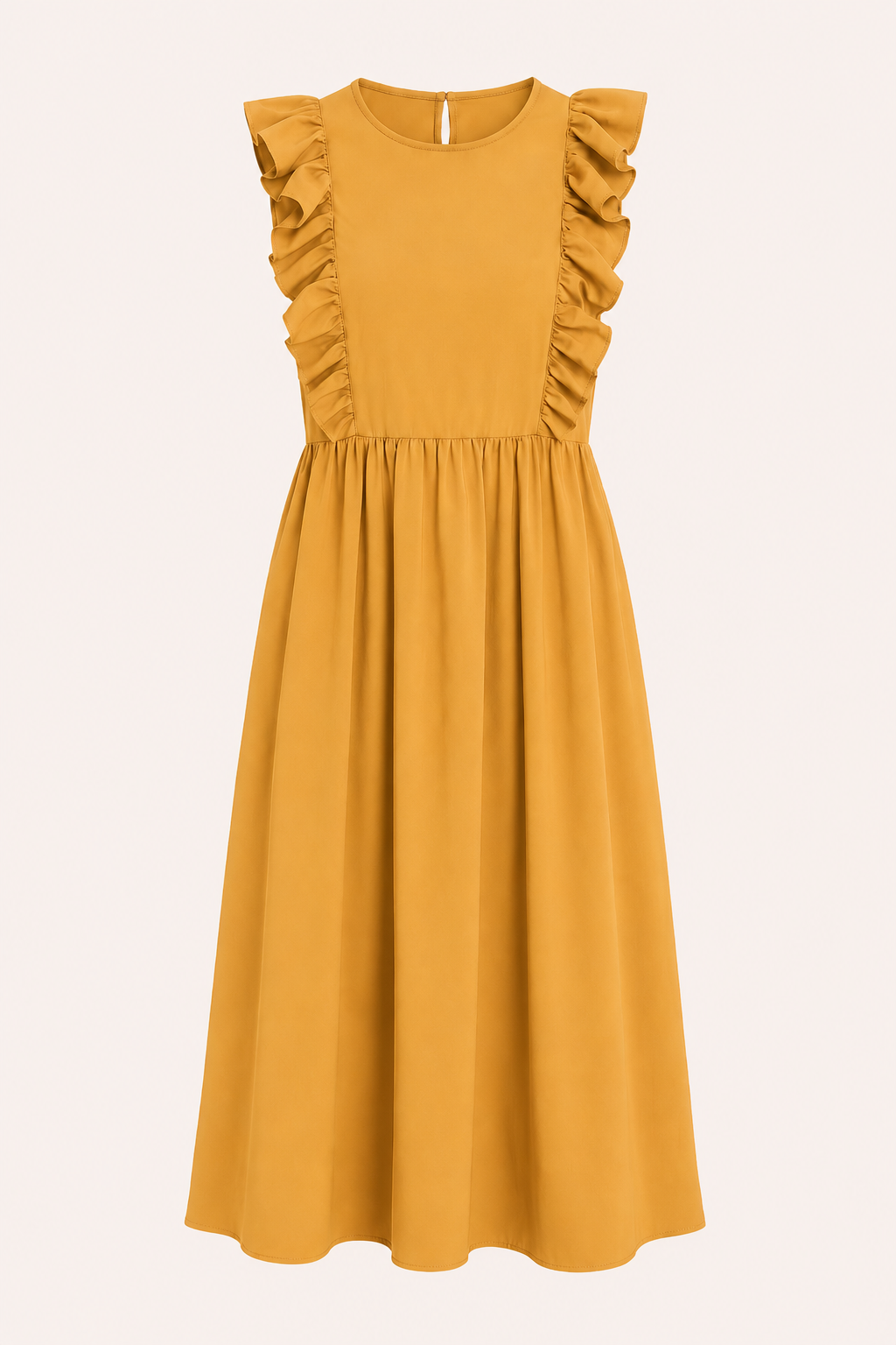 Modieuze lange damesjurk met ruches en wijde rok, een elegante keuze voor casual of feestelijke momenten.