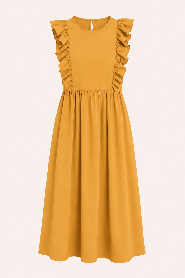 Modieuze lange damesjurk met ruches en wijde rok, een elegante keuze voor casual of feestelijke momenten.