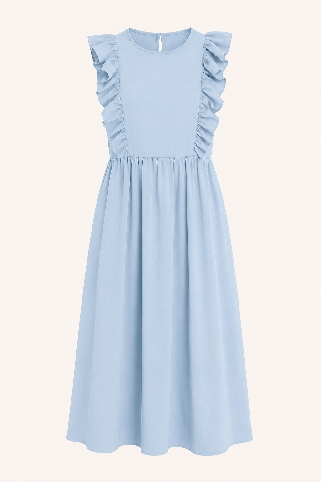 Luchtige lange damesjurk met ruches, wijde rok en mouwloze design voor een zomerse dag.