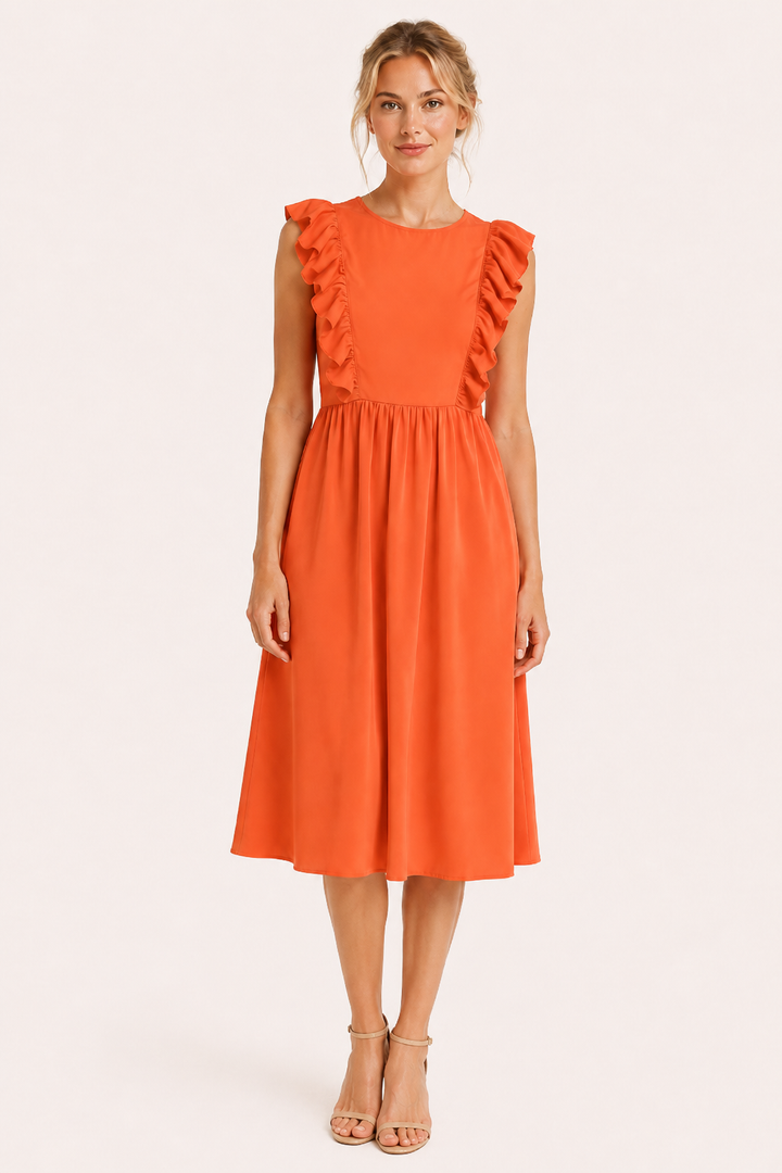Elegante lange damesjurk met ruches, wijde rok en ronde hals, ideaal als feestjurk of zomerjurk.
