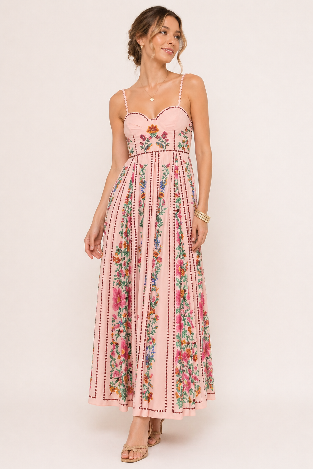 Elegante rosa midi jurk met bloemenprint voor dames, perfecte strapless zomerjurk.