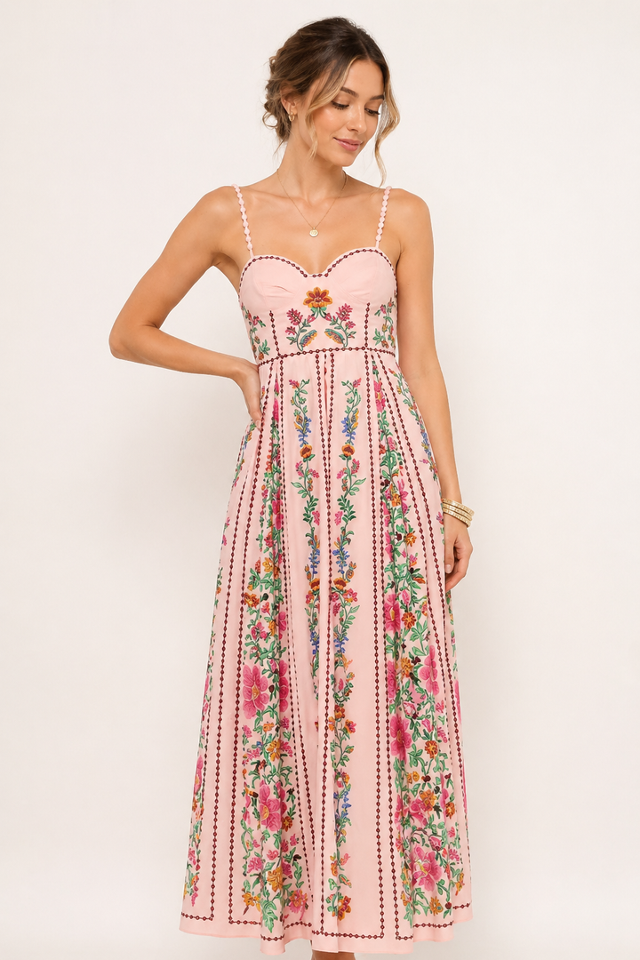 Strapless rosa midi jurk met bloemenprint, ideaal als elegante zomerjurk of dagjurk voor dames.