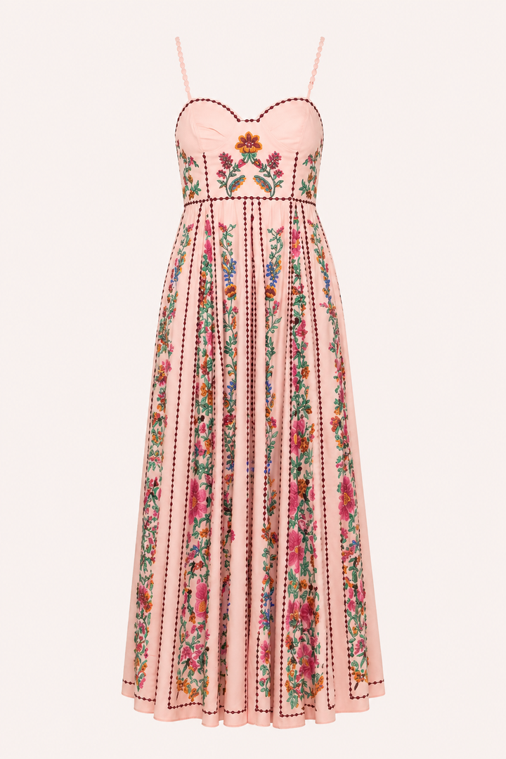 Chique damesjurk, rosa midi met verfijnde bloemenprint, perfect voor feestjes of een zomerse dag.