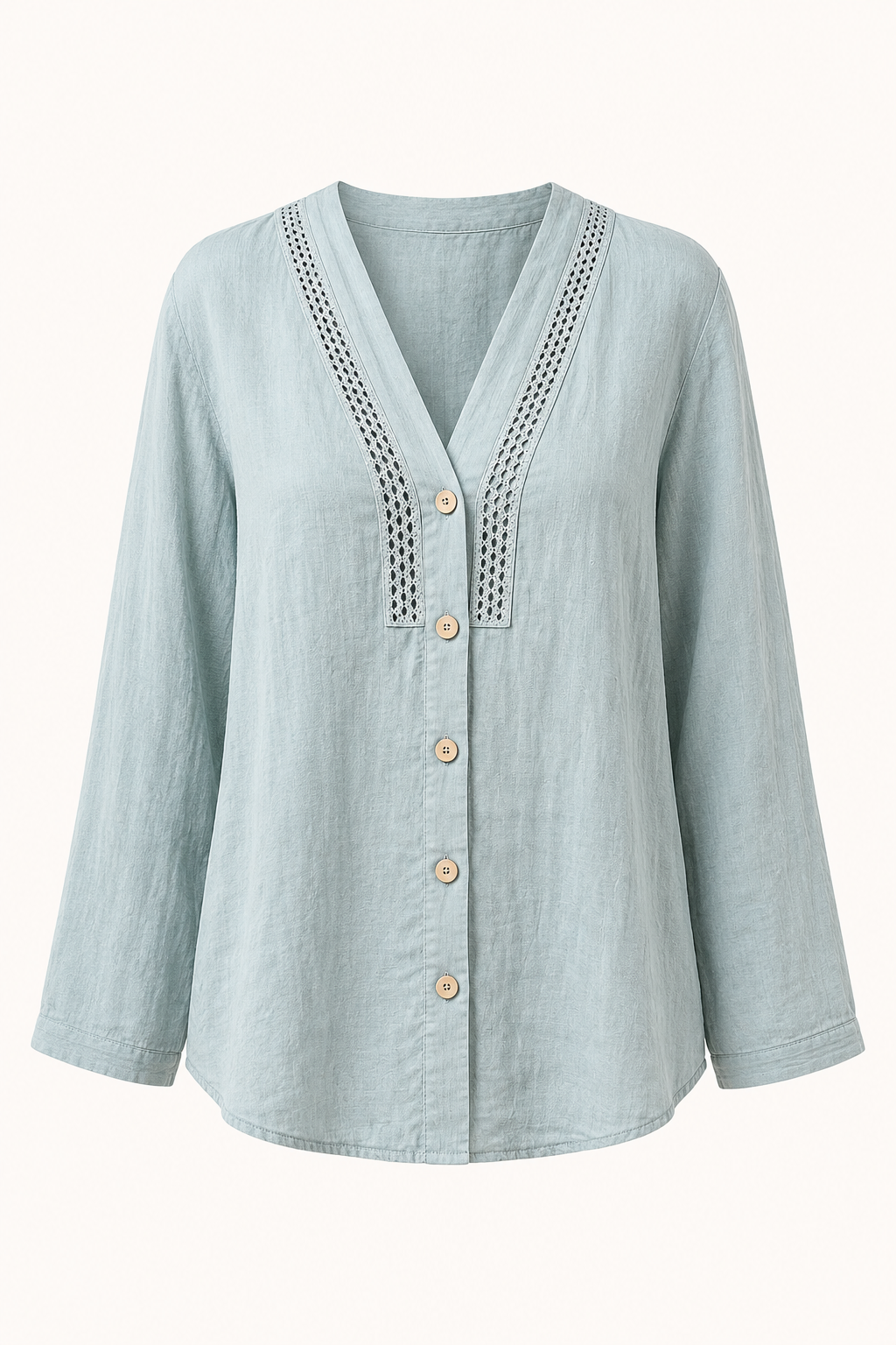 Blauwe damesblouse met V-hals, lange mouwen en knoopsluiting. Een elegante en casual zomerse top.